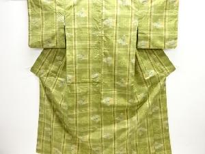 アンティーク　縞に扇模様織り出し手織り紬着物